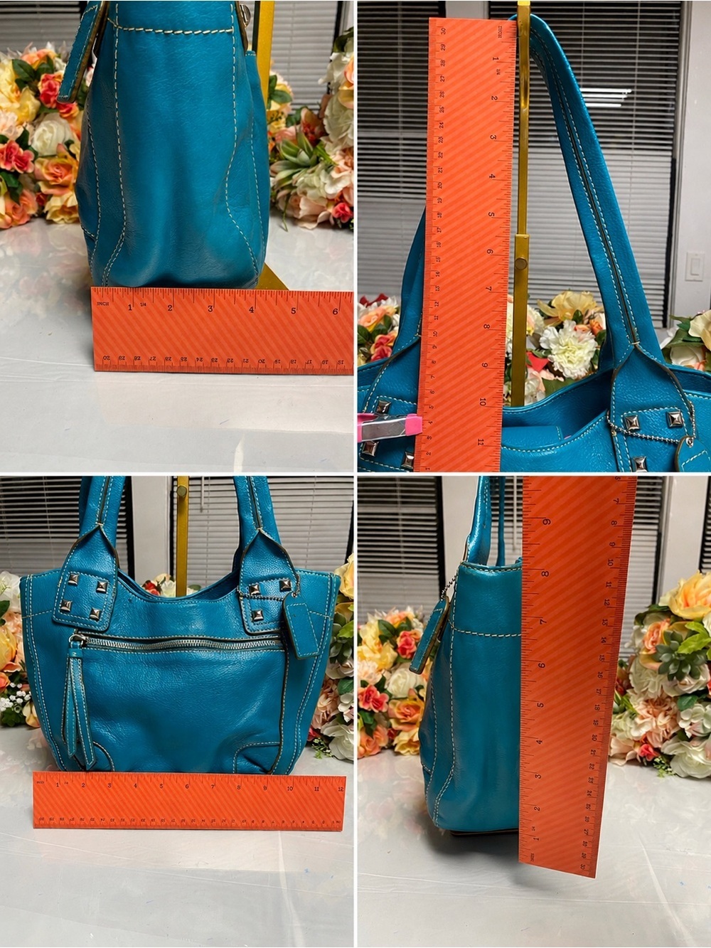 St. John’s Bay Genuine Leather Studded Shoulder Tote Turquoise, Pink Lined Bag - Picture 16 of 16